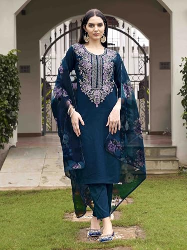 Womanista Women's Teal Blue Color Cotton Blend Multi Embroidered Kurta Set With Printed Organza Dupatta(Kurtaset_1339_L)