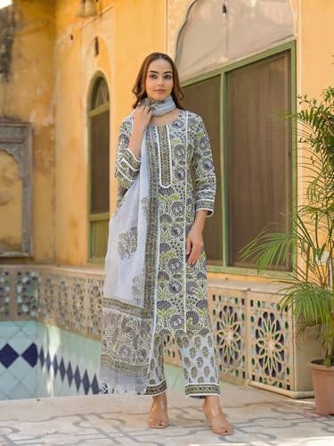 Divena Sea Green Cotton Block Print Kurta Pant with Dupatta
