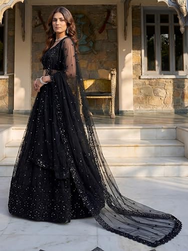 Zeel Clothing Women's Resham & Zari Embroidered Net Lehenga Choli with Dupatta (5056-Black-Women-Lehenga-Choli-Set; Free Size)