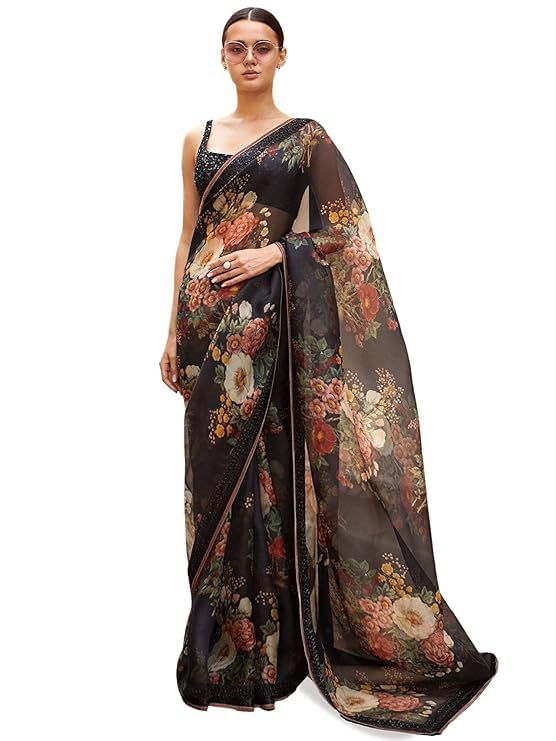 Zeel Clothing Women's Black Floral Organza Saree with Black Blouse (7027-Black-Saree-Floral-Organza-Women,Black_Free Size)