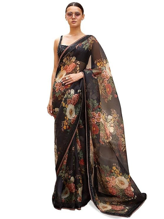 Zeel Clothing Women's Black Floral Organza Saree with Black Blouse (7027-Black-Saree-Floral-Organza-Women,Black_Free Size)