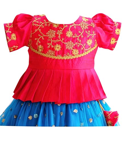 Stanwells Kids Gilrs Lehnga Choli Ruffle Pattern Dress Puff Sleeves Beautiful Ethnic Hand Sequins Embroidery Beautiful Flower Front Traditional Knee Length (SkyBlue & Pink)(12-24months)