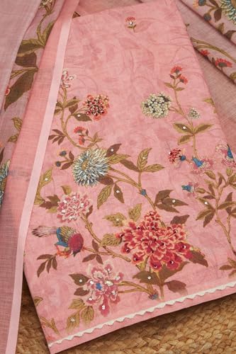 Soch Womens Peach Linen Floral Print Unstitch Dress Material With Sequins