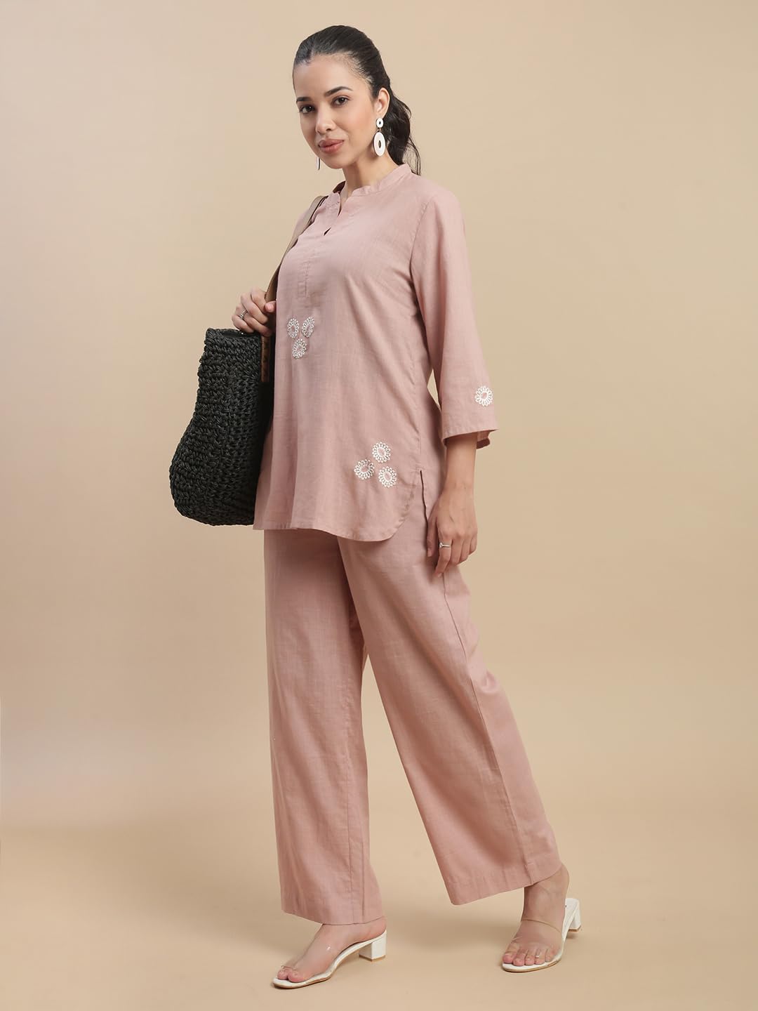 De Moza Women Regular Fit Straight Pant - Light Peach | 100% Cotton Slub | Mid Rise | 2 Pockets | Casual & Office Wear