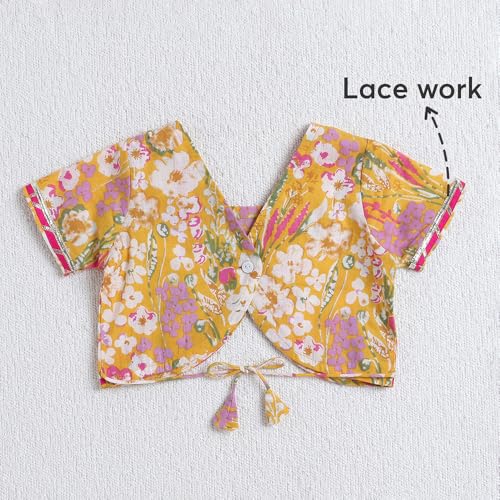 Hopscotch Girls Short Sleeves Yellow 3-Pc Floral Lehenga Set For Age (9-10 Years)