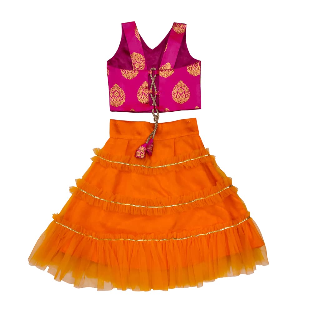 satyamfab Girls' Fully Stitched Mono-Net Lehenga Choli Set and Elegant Design for Effortless Glamour Stylishly Stitched Choli, Graceful Dupatta, Ready-To-Wear (5133_orange KANIKA (12-18 Months)