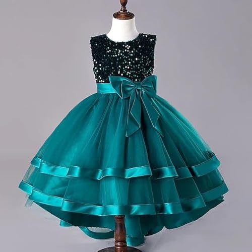 KIYOL Girls Dress with Sequin Bodice & Satin Bow | Round Neck Layered Tulle Frock for Birthday, Wedding & Special Occasions (Kingfisher-Blue-6-7 Y)