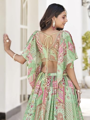 AG Clothing Women's Digital Print With Zari Dori Embroidery Work Chinnon Silk Lehenga Choli With Dupatta (ZC-Queen-7050-Green-Women-Lehenga-Choli-New; Free size)