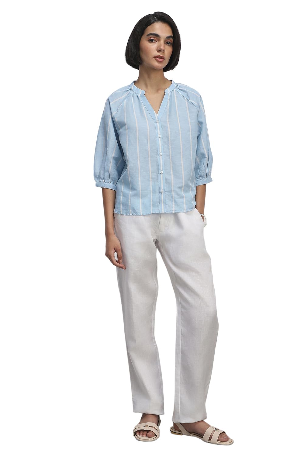 Women Light Blue Stripe Casual Top