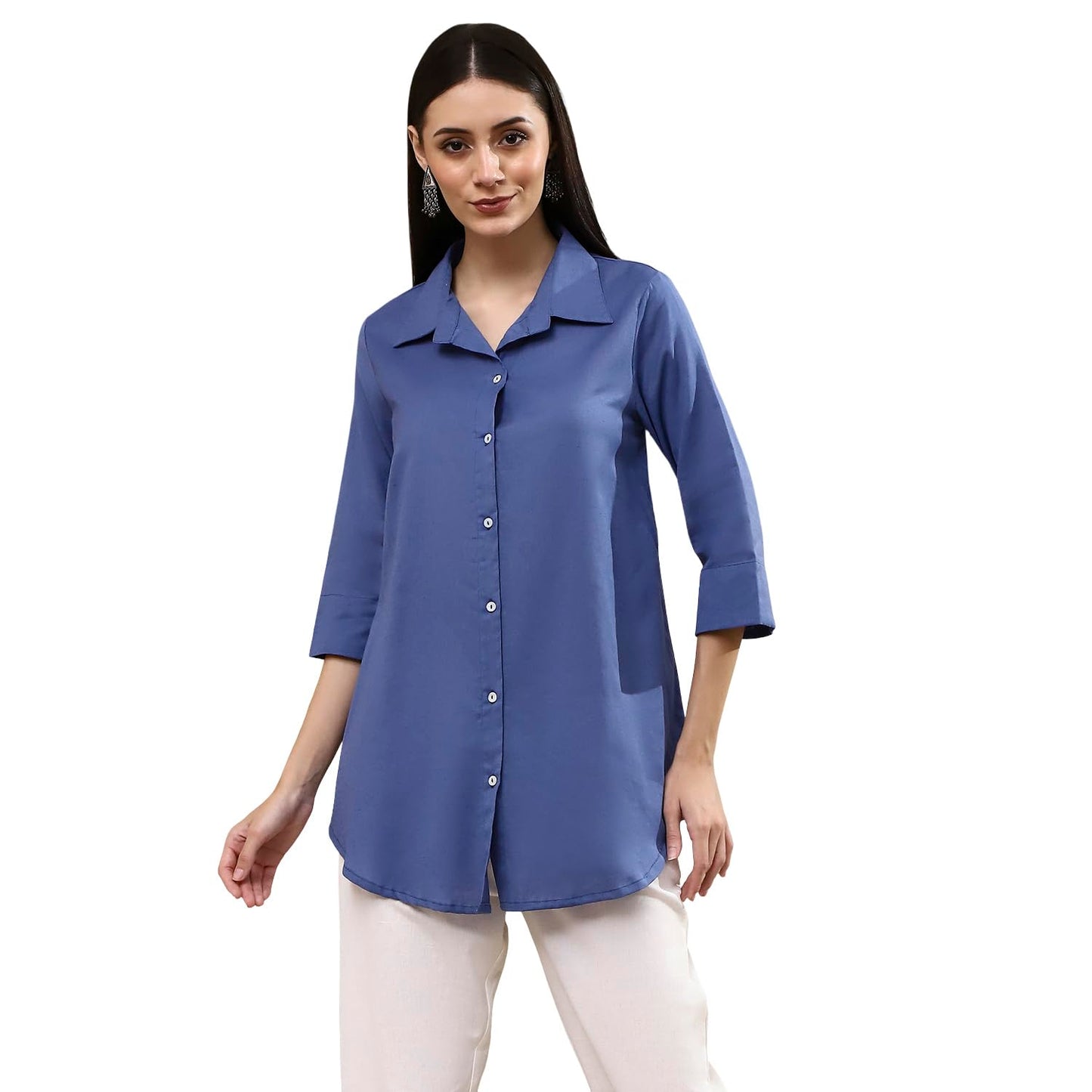BIBA Women's Cotton Blend Solid Regular Shirts (SLDCR21577EAW24DSBLU_Dusk Blu