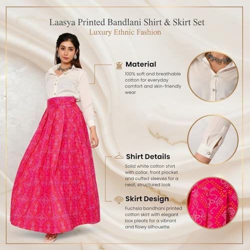 Aaheli Women’s Printed Bandhani Shirt and Skirt Set | Laasya Ethnic Co-Ord Set with Long Shirt and Flared Maxi Skirt | Traditional Festive Occasion Wear Outfit | White & Pink