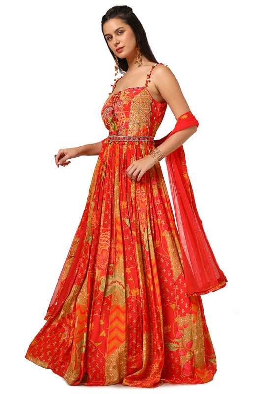 Soch Womens Red Crepe Floral Print Gown with Mirror Work