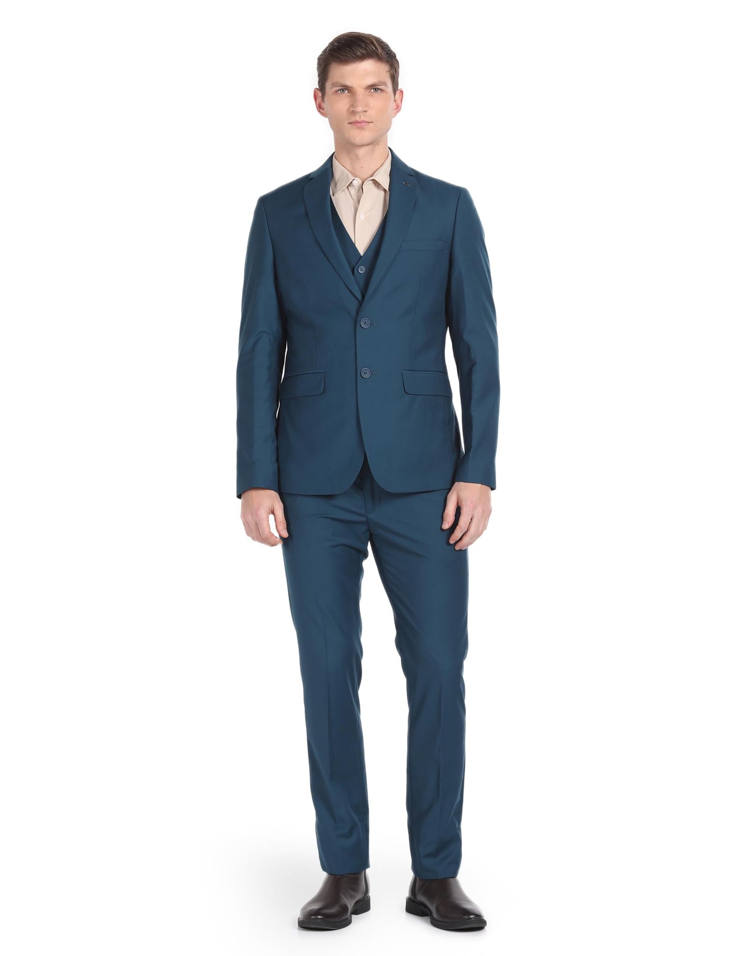 Arrow Solid Tailored Fit Three Piece Suit Teal