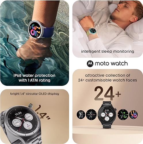 Motorola Moto Watch, 1.4 OLED, AOD, Auto-Brightness, Dual Band GPS, Powered by Polar Smartwatch (Matte Black/Matte Black Band Strap, Free Size)