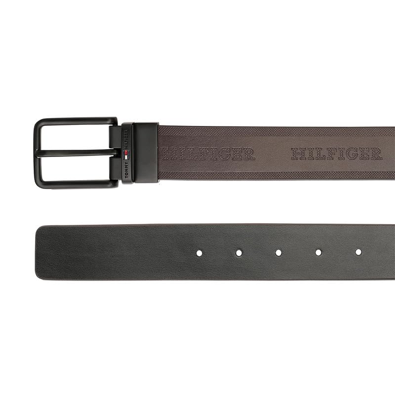 Tommy Hilfiger Men's Voborg Reversible Leather Belt - Embossed Logo Pattern - Dual Brown & Black For Classic Casual Styling & Gifting | Size M - 90 CM