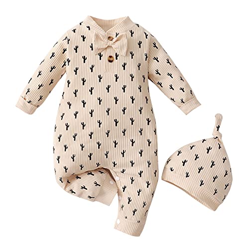 Hopscotch Baby Boys and Baby Girls Cotton and Polyester Full-Sleeve All-Over Print Bodysuit With Cap in Beige Color For Ages 6-9 Months (BNF-4246936)