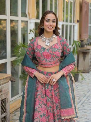 Divena Green Printed Cotton Lehenga with Choli and Dupatta