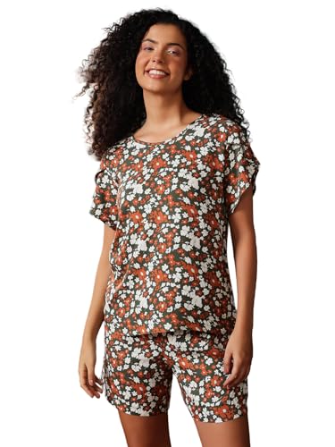 Clovia Women's Rayon Printed Top & Shorts Set (LS0768P17_Green_M)