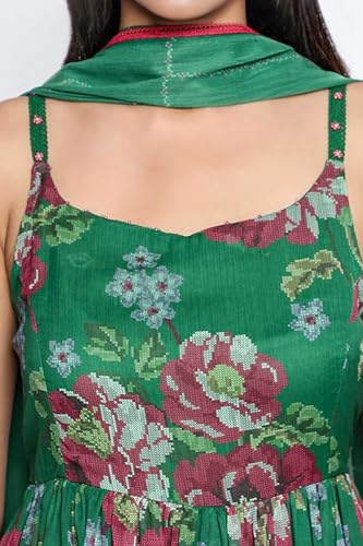 W for Woman Green Printed Chiffon Flared Kurta, Straight Pant and Dupatta Set (Size: XXL)-WS12960-125864