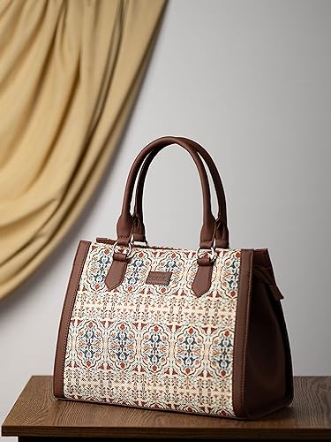 ZOUK Agra Floral Printed Jute Handcrafted Vegan Leather White Women's Satchel Bag | Ladies Purse Handbag | Double Handle Detachable Strap