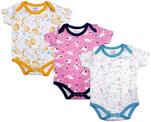 TotzTouch Set of 3 Printed Pure Cotton Baby Girls Rompers Pullover | Body Jump Suit Dress Size | Bottom Button Easy Wear | Non Shrink/Fade (Options 0-3 Months / 3-6 Months / 6-9 Months / 9-12 Months)