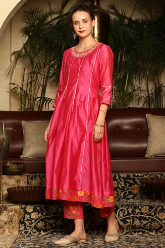 W for Woman Magenta Pink Chanderi Dori Embroidered Anarkali Kurta, Pants and Dupatta Set (Size: XL)-24AUWS11468-221979