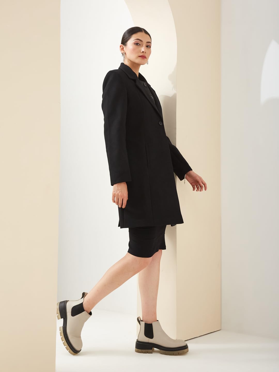 Latin Quarters Women Black Collared Full Sleeves Solid Casual Coat