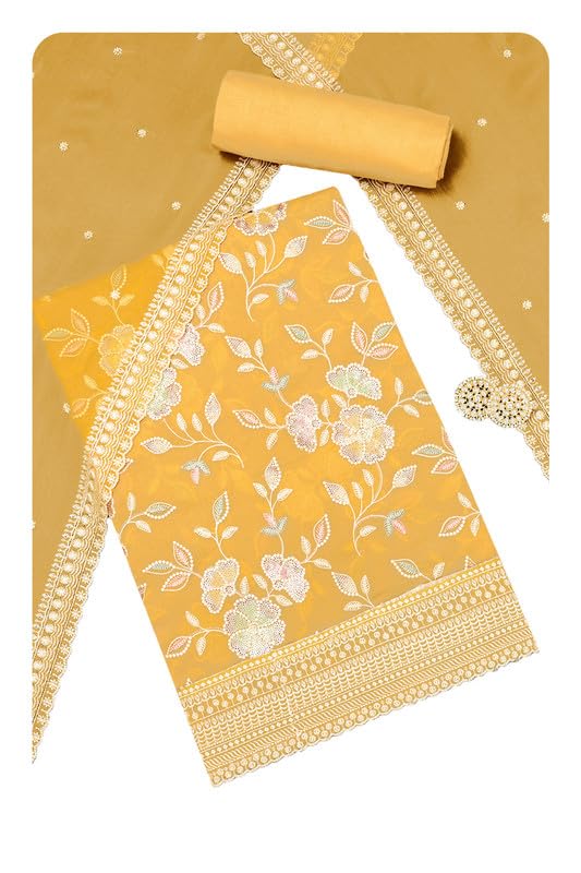 Soch Womens Yellow Crinkle Chiffon Embroidered Unstitch Dress Material With Sequins