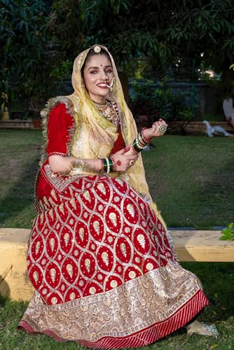 SHYAMLATA Latest Heavy sequins Work Semi Stitched Shimmer Silk Rajputi Poshak For Women Rajasthani Lehenga Choli (Red)