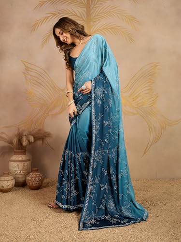 TRENDMALLS Women's Satin Siroski Work Ombre Pattern Dual Shade Saree with Unstitch Blouse Piece (K1243-Morpeach-)