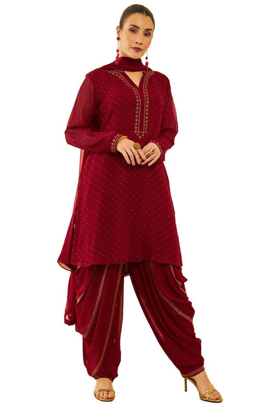 Soch Womens Red Georgette Stones Embellished Suit Set