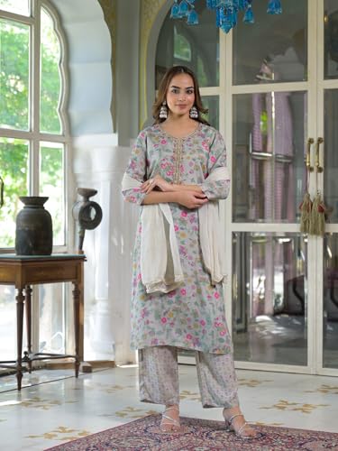 Divena Light Grey Floral Print Muslin Kurta Trouser with Dupatta