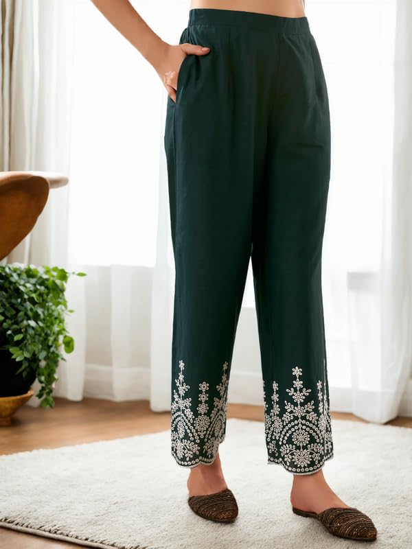 V4M Women's Embroidered Teal Blue Straight Pure Cotton Kurta Set