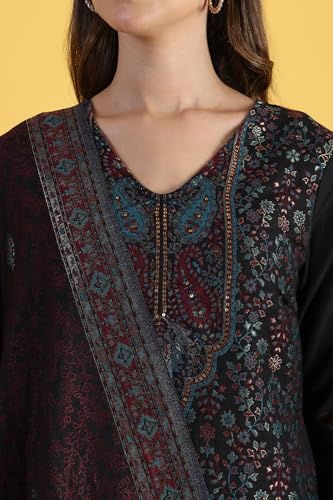 W for Woman Black Yarn Dyed Sequins A-Line Kurta & Straight Pant with Dupatta Set (Size: XS)-24NOWS11842-314128