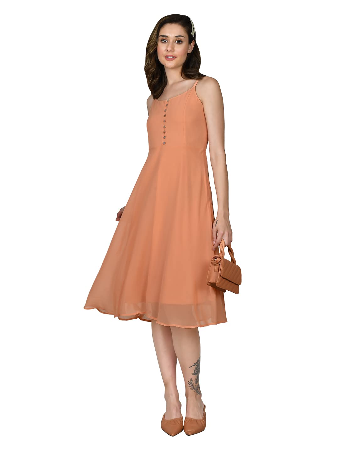 Zink London Women's Orange Solid A-Line Midi Dress