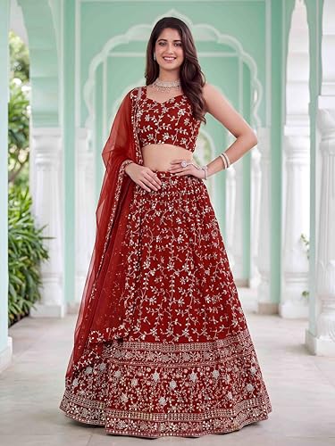 Zeel Clothing Women's Zari and Sequins Embroidered Georgette Lehenga Choli With Dupatta (5058-Red-Women-Latest-Lehenga-Choli, Free size)