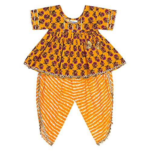 superminis Baby Girls Printed Frock Style Kurti With Dhoti Style Salwar Ethnic Dress (Yellow, 4-5 Years)