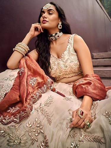 Zeel Clothing Women's Dori, Sequins and Thread Embroidered Work Cosmos Silk Lehenga Choli With Dupatta (6019-Copper-Women-Lehenga-Choli; Free size)