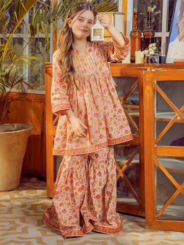 Naixa Girls Orange Rayon Round Neck 3/4 Sleeve Floral Printed Flared-Fit Kurta and Sharara with Dupatta Set | latest Floral Designer Printed Salwar Suits Set With Dupatta for Girls (SE40_5-6 Year)