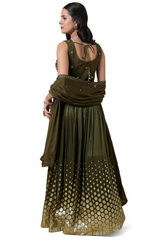 Soch Womens Green Embellished Silk Blend Gown with Mirror Work