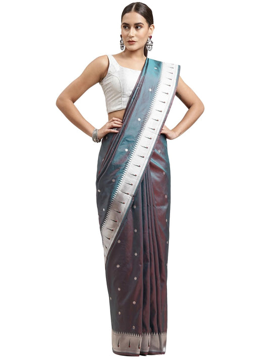 AMIRAT Women's Paithani Pure silk saree With Woven Silver Zari And Emboss Blouse Piece (Teal)