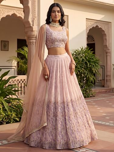 Zeel Clothing Digital Print Mirror Hand Work Georgette Lehenga Choli with Dupatta (5100-Beige-Women-Stylish-Lehenga-Choli; Free Size)