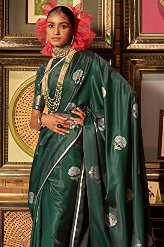 SGF11 Women's Kanjivaram Satin Zari Woven Soft Silk Saree With Blouse Piece (Dark Green)