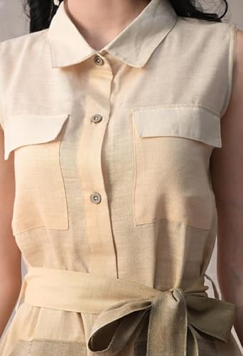 KIZA Women Beige Linen Co-ord Set Sleeveless Tunic Top with Belt & Straight Pants | Breathable Summer Wear Stylish Cord Set | Casual Office Wear Two Piece Outfit for Women