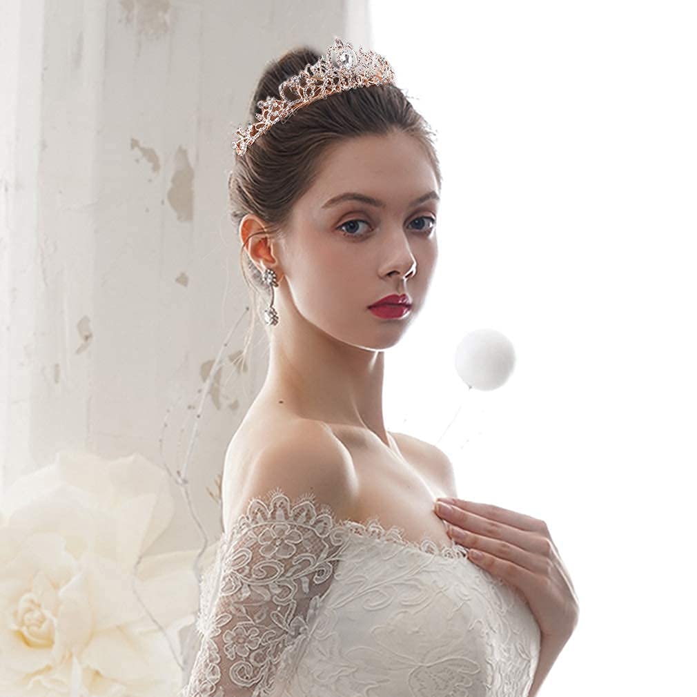 Shining Diva Fashion Crystal Tiara and Crown for Women Stylish Headband Crowns with Comb Tiaras for Girls Kids Queen Princess Wedding Bridal Birthday Gift Hair Accessories (Rose Gold) (rrsd15414hb)