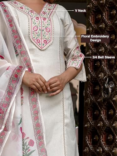 TRENDMALLS Women's Cotton Embroidery Kurta Pant with Dupatta Salwar Suit Set (G287-Offwhite-3XL-)