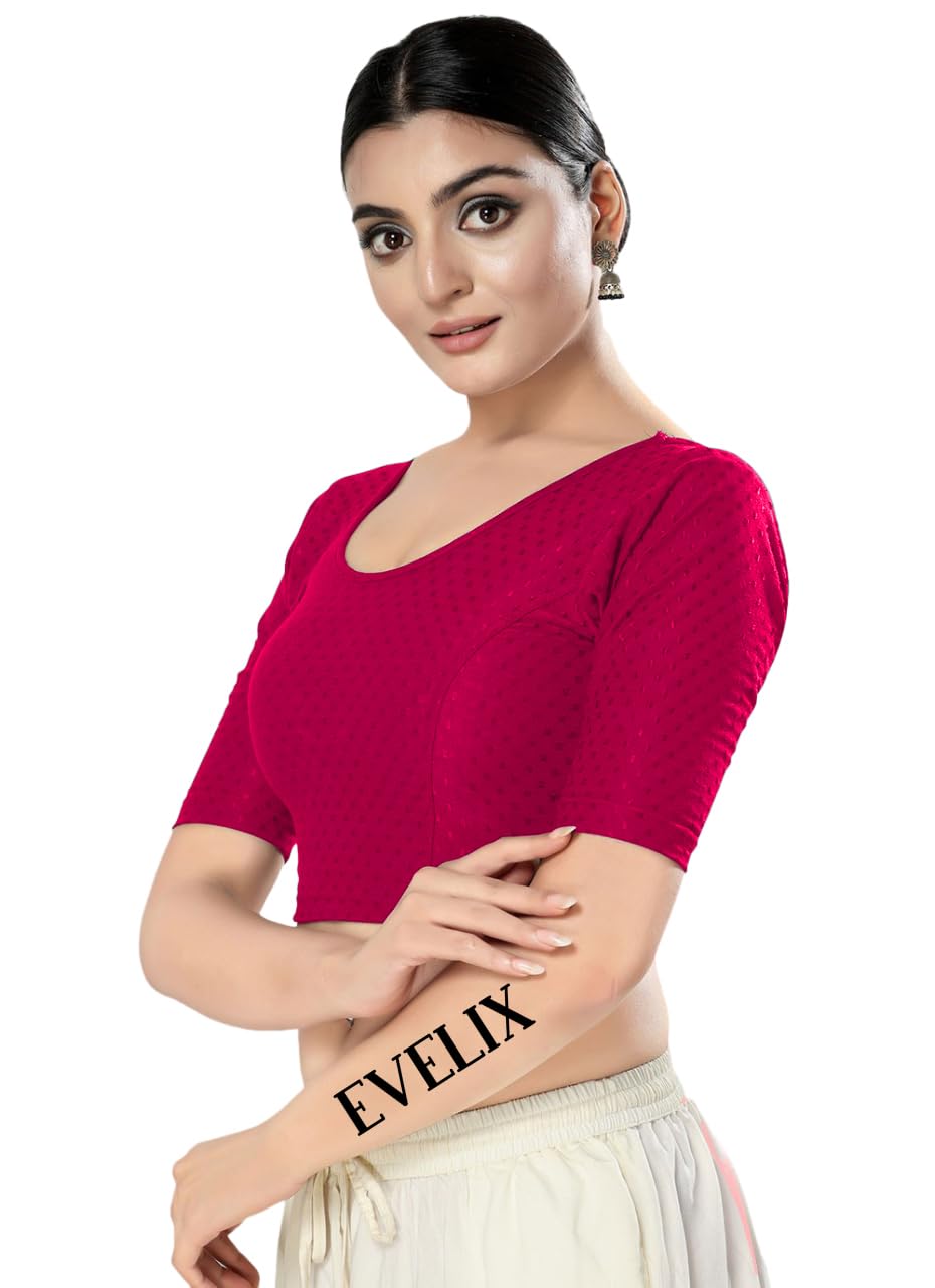 EVELIX Women's Readymade Dobby Cotton Lycra Stretchable Round Scoop Neck Half Sleeve Fancy Blouse for Women Designer Blouses for Saree, Choli, and Lehenga (34, Magenta Pink)