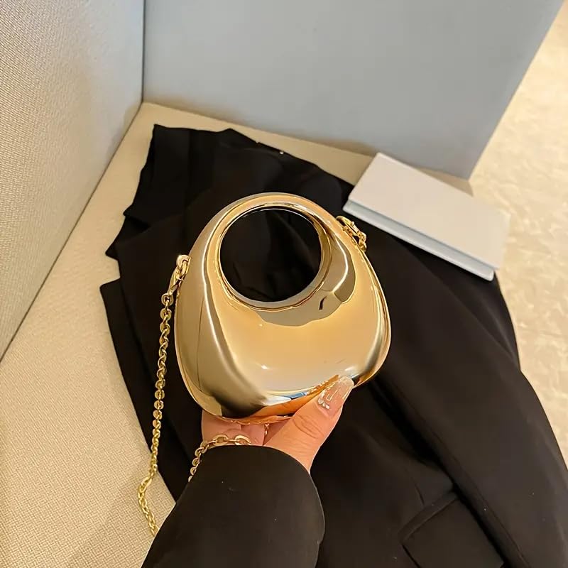 Moon Clutch Purse Acrylic Evening Handbag for Women Crossbody Sling Bags with Detachable Chain Strap Glossy Stylish Latest Ladies Girls Small Size Cute Wallet Party Wedding Gift item (Glossy Golden)