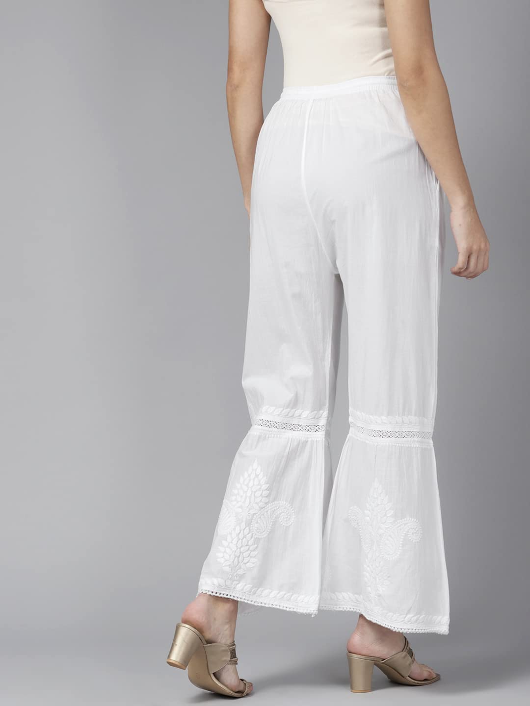 Ada Lucknow Chikankari Hand Embroidered White Cotton Palazzo Pant for Women A711163 (L)