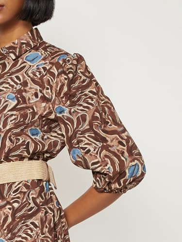 Max Women Printed Tiered Dress with Belt(Brown_M)